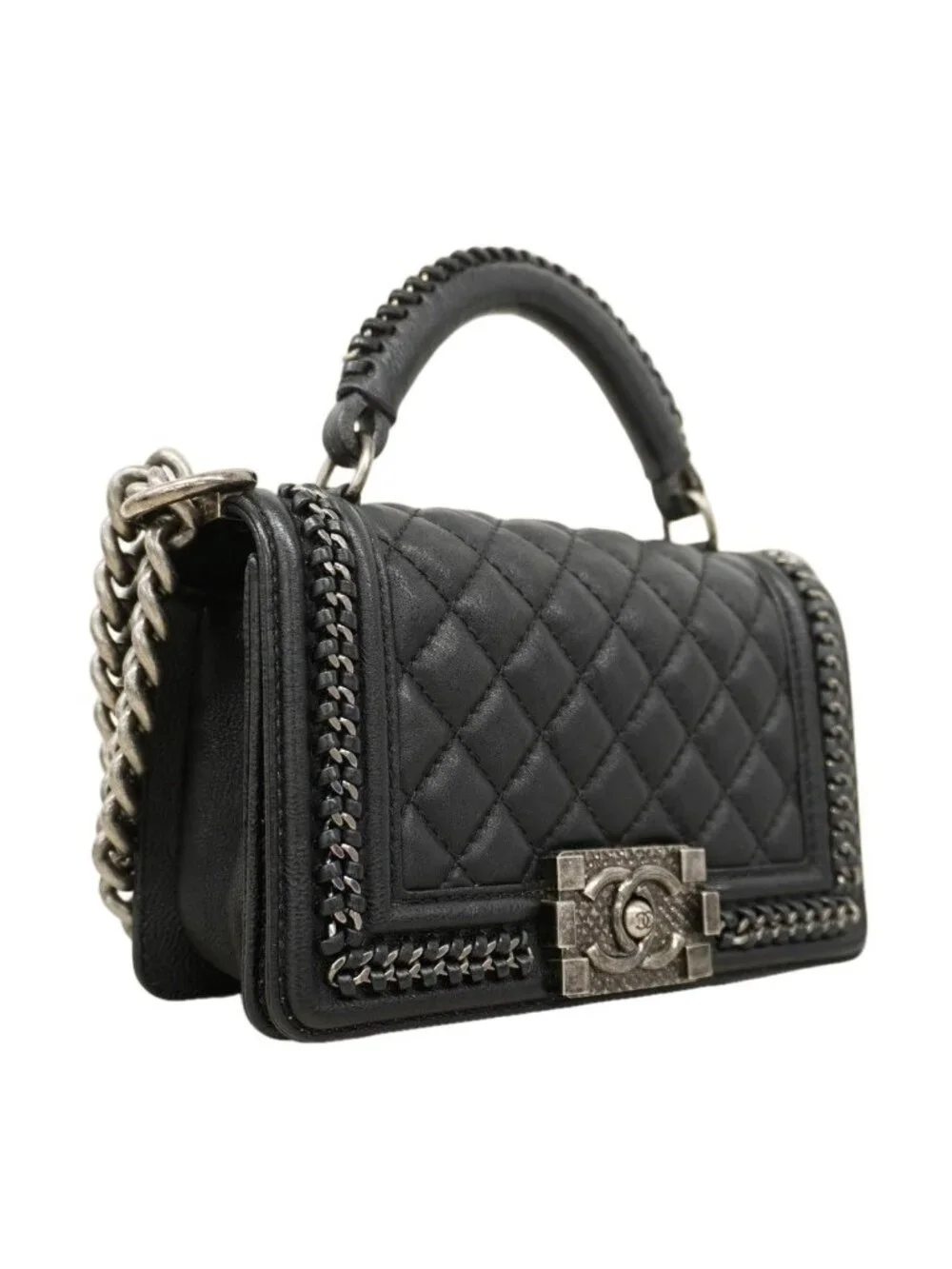 Chanel Handbag Boy Top Handle Calfskin Black Silver 2-Way